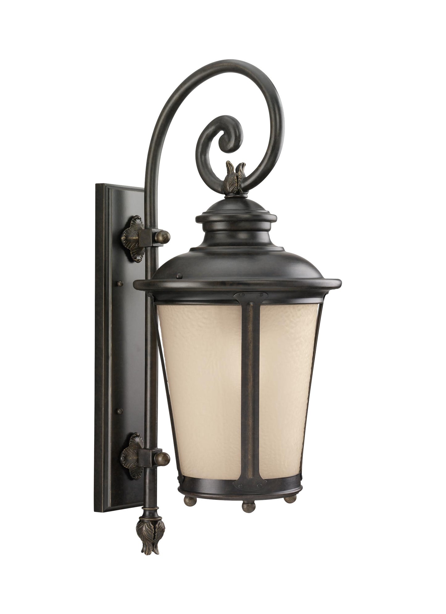 Cape May traditional 1-light outdoor exterior large wall lantern sconce in burled iron grey finish with etched light amber...