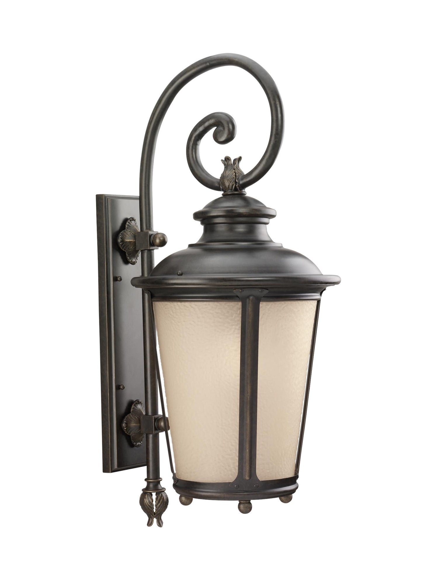 Cape May traditional 1-light LED outdoor exterior extra large wall lantern sconce in burled iron grey finish with etched l...