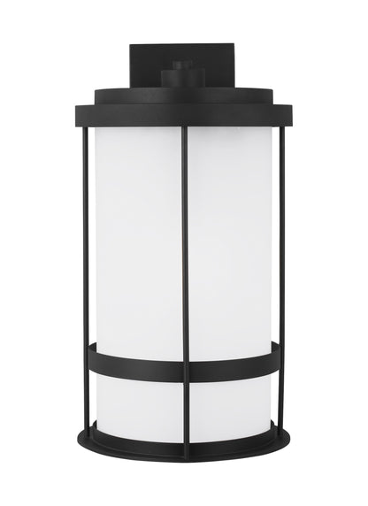 Wilburn modern 1-light outdoor exterior extra large wall lantern sconce in black finish with satin etched glass shade