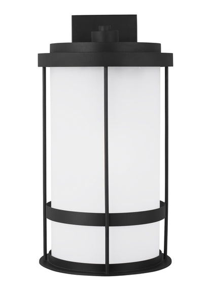 Wilburn modern 1-light outdoor exterior extra large wall lantern sconce in black finish with satin etched glass shade