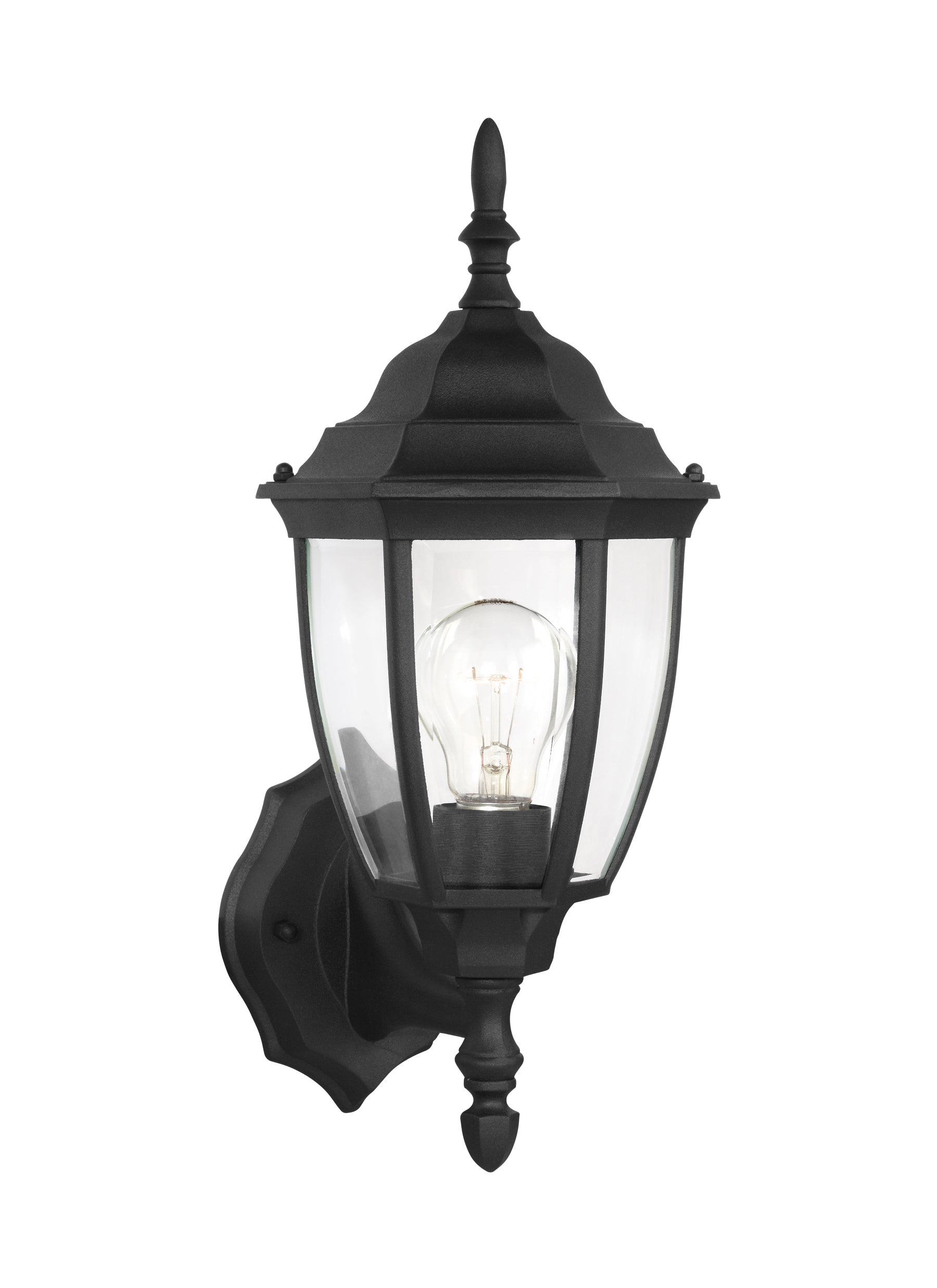 Bakersville traditional 1-light outdoor exterior wall lantern in black finish with clear curved beveled glass plates