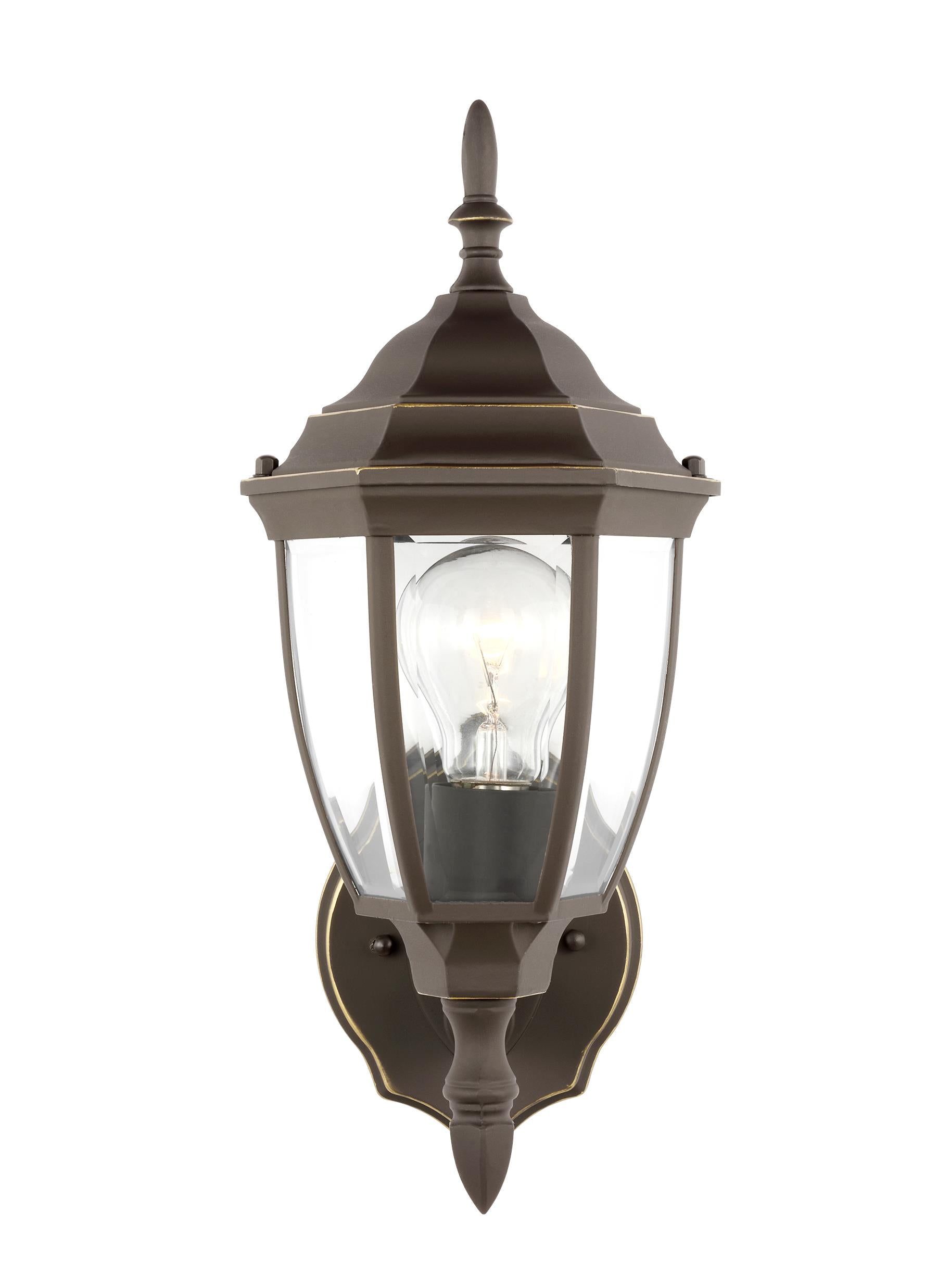 Bakersville traditional 1-light outdoor exterior round wall lantern sconce in antique bronze finish with clear beveled gla...