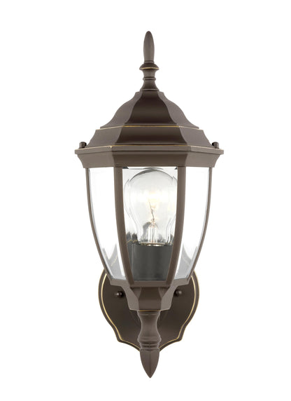 Bakersville traditional 1-light outdoor exterior round wall lantern sconce in antique bronze finish with clear beveled gla...