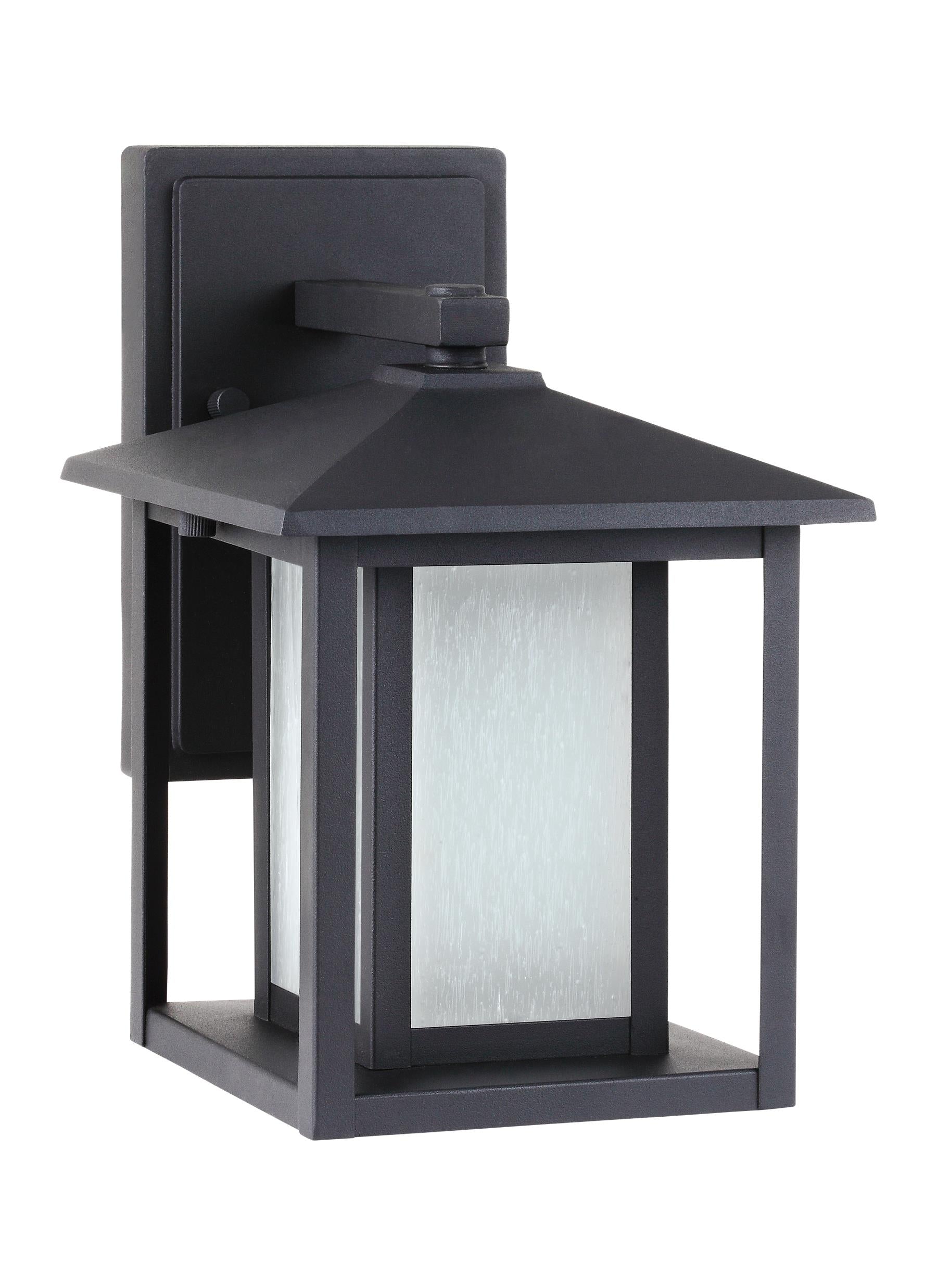 Hunnington contemporary 1-light outdoor exterior small wall lantern in black finish with etched seeded glass panels