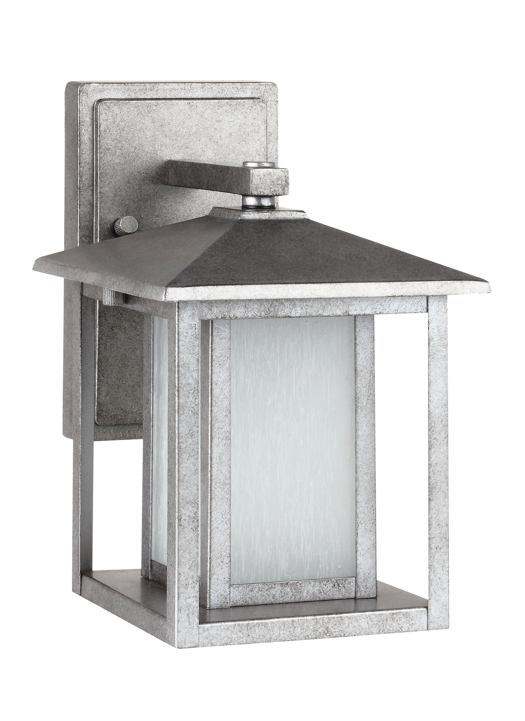 Hunnington contemporary 1-light outdoor exterior small wall lantern in weathered pewter grey finish with etched seeded gla...