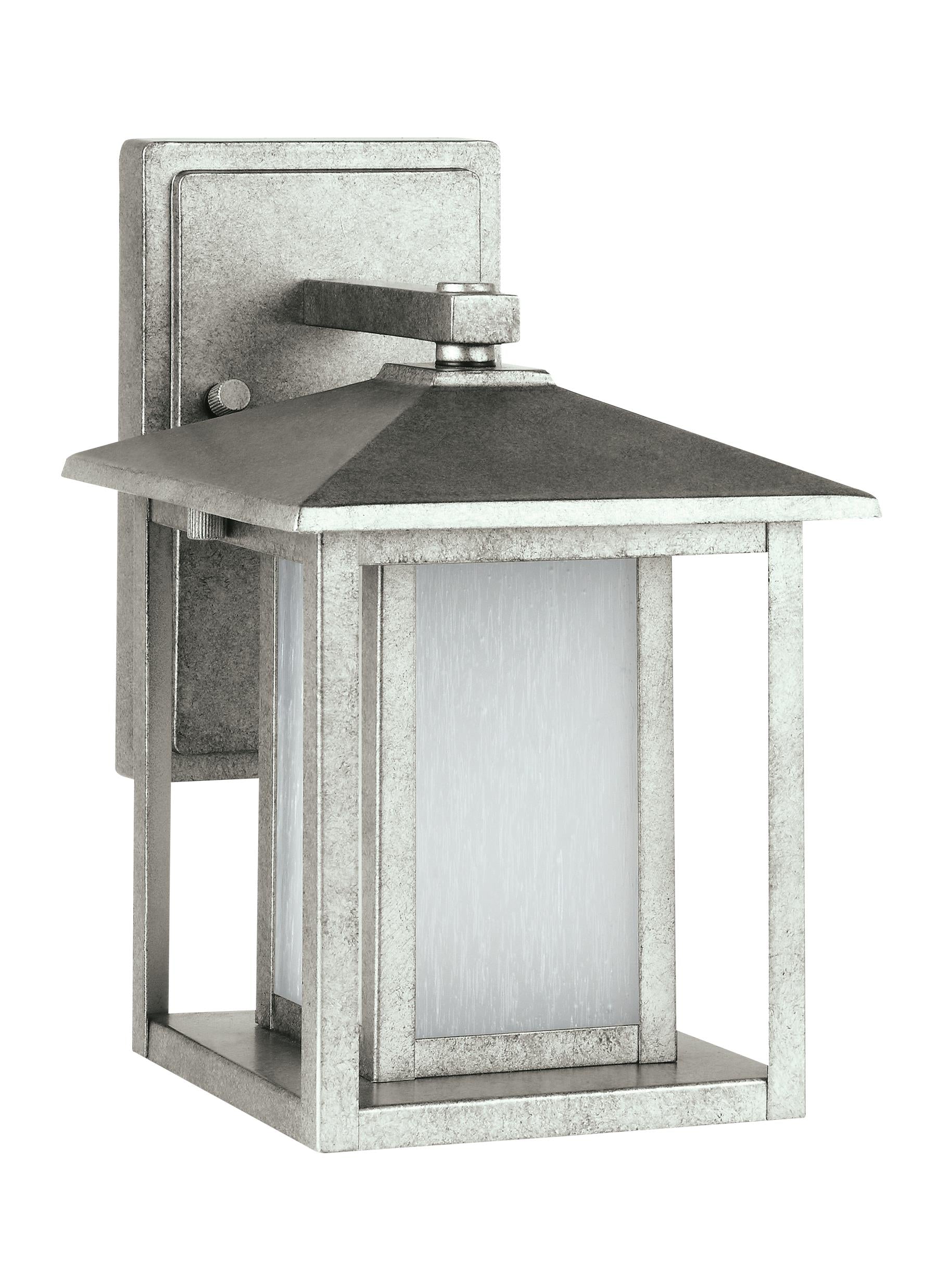 Hunnington contemporary 1-light outdoor exterior small wall lantern in weathered pewter grey finish with etched seeded gla...