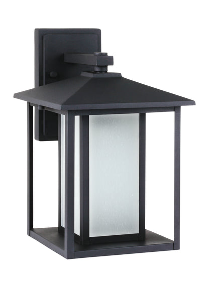 Hunnington contemporary 1-light outdoor exterior medium wall lantern in black finish with etched seeded glass panels