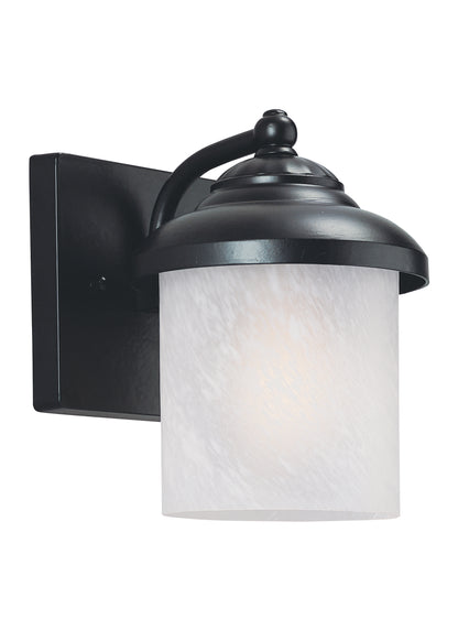 Yorktown transitional 1-light outdoor exterior small wall lantern sconce in black finish with swirled marbleize glass shade
