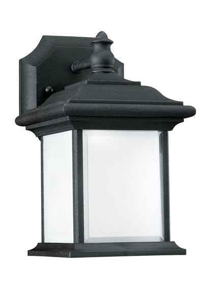 Wynfield traditional 1-light outdoor exterior wall lantern sconce in black finish with frosted glass panels