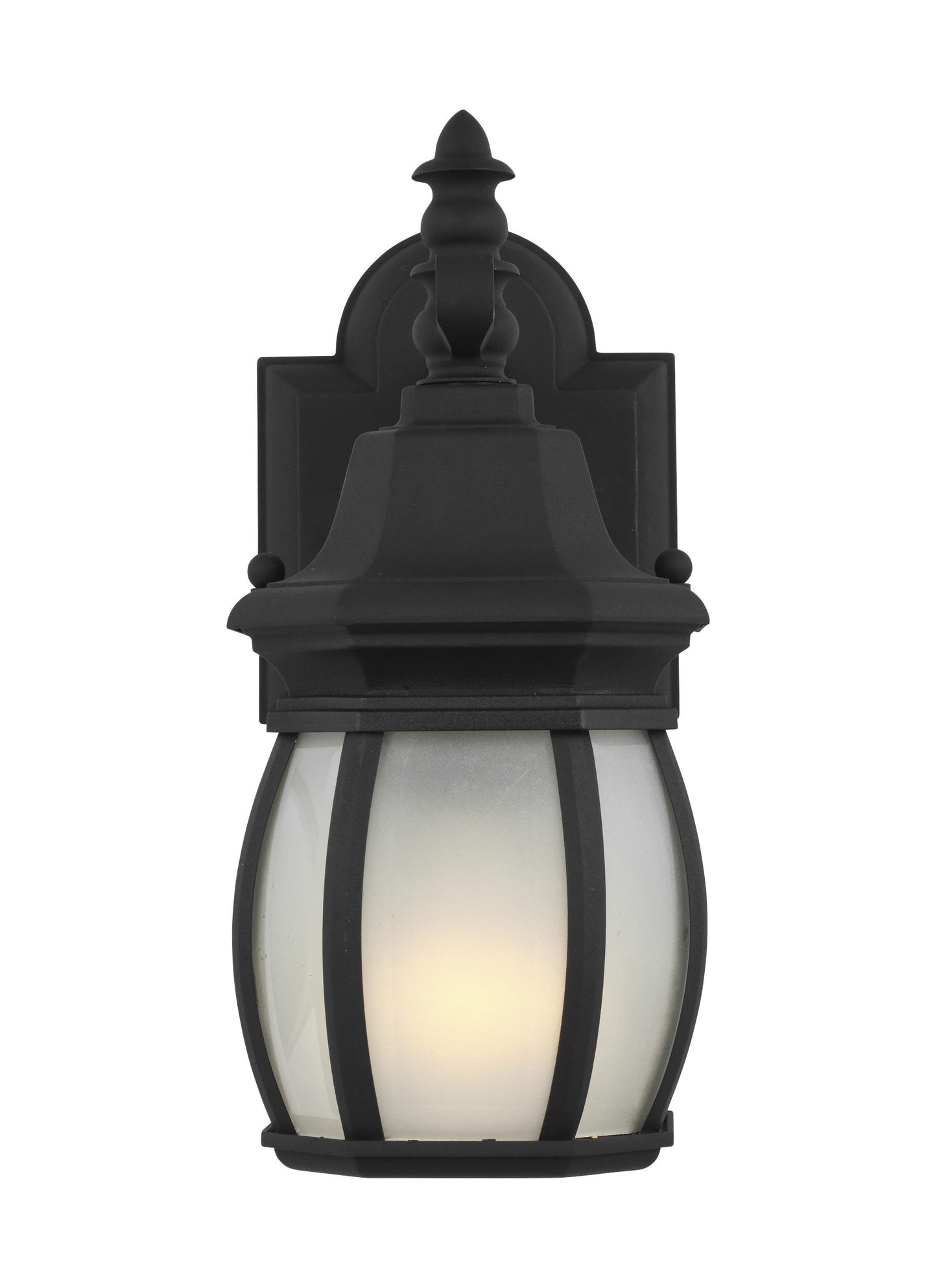 Wynfield traditional 1-light outdoor exterior small wall lantern sconce in black finish with frosted glass panels