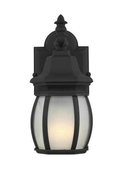 Wynfield traditional 1-light outdoor exterior small wall lantern sconce in black finish with frosted glass panels