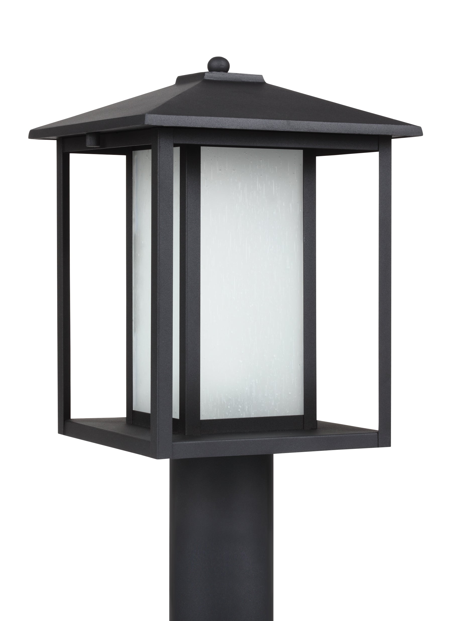 Hunnington contemporary 1-light outdoor exterior post lantern in black finish with etched seeded glass panels