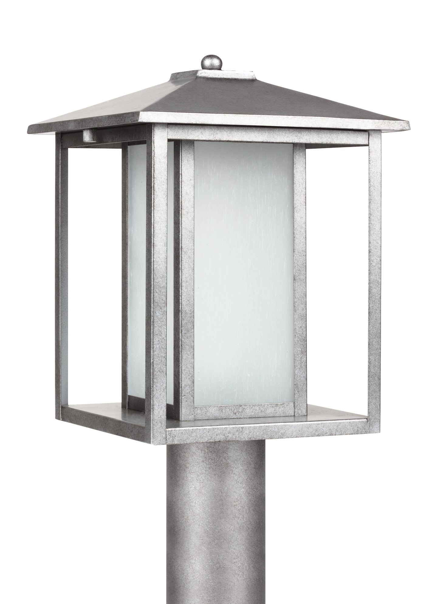 Hunnington contemporary 1-light outdoor exterior post lantern in weathered pewter grey finish with etched seeded glass panels
