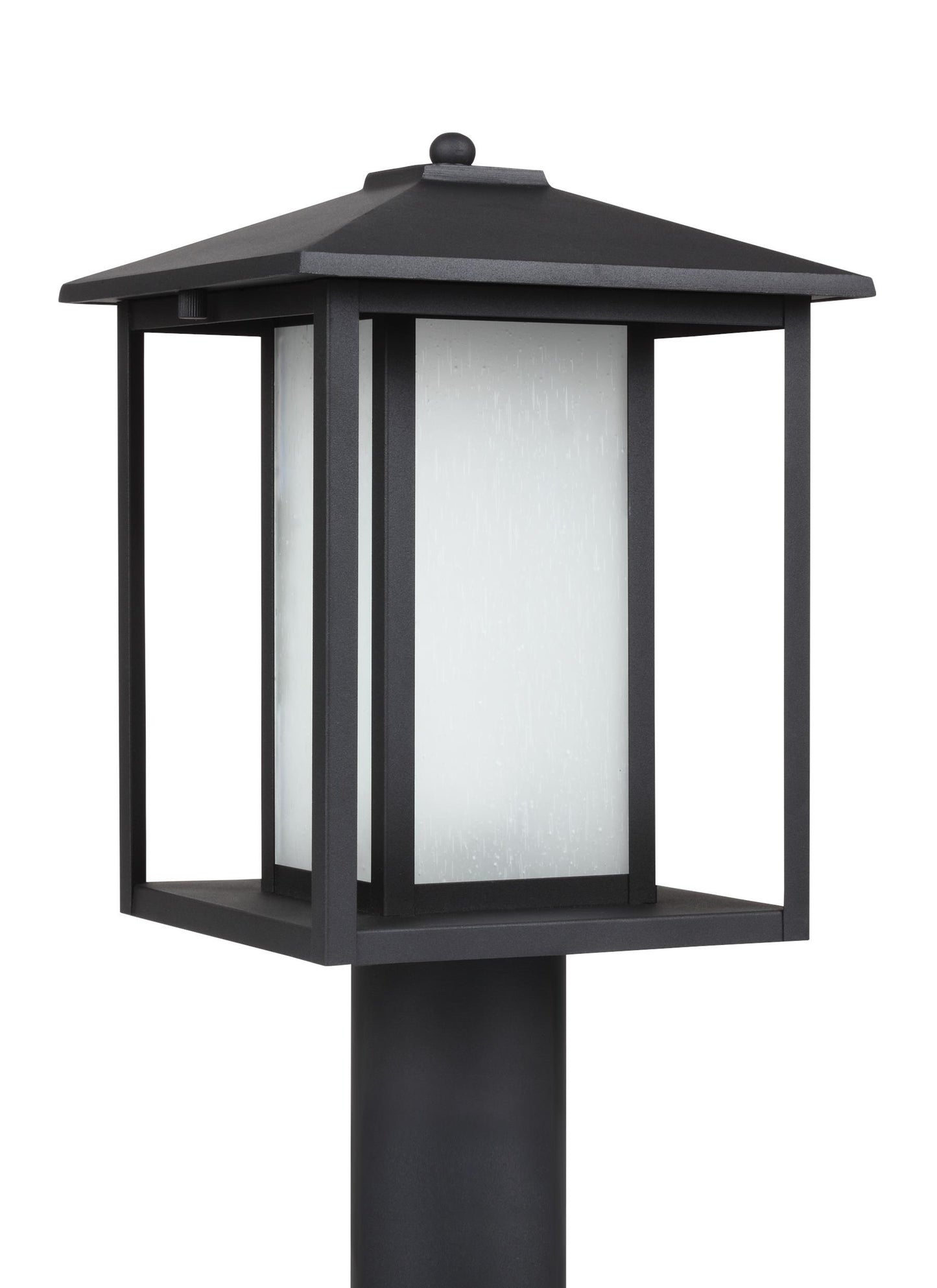 Hunnington contemporary 1-light outdoor exterior post lantern in black finish with etched seeded glass panels