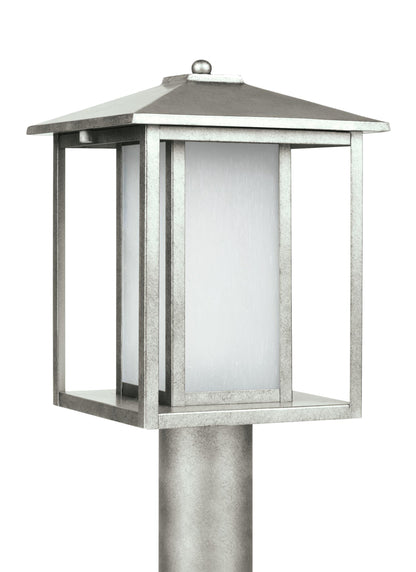 Hunnington contemporary 1-light outdoor exterior post lantern in weathered pewter grey finish with etched seeded glass panels