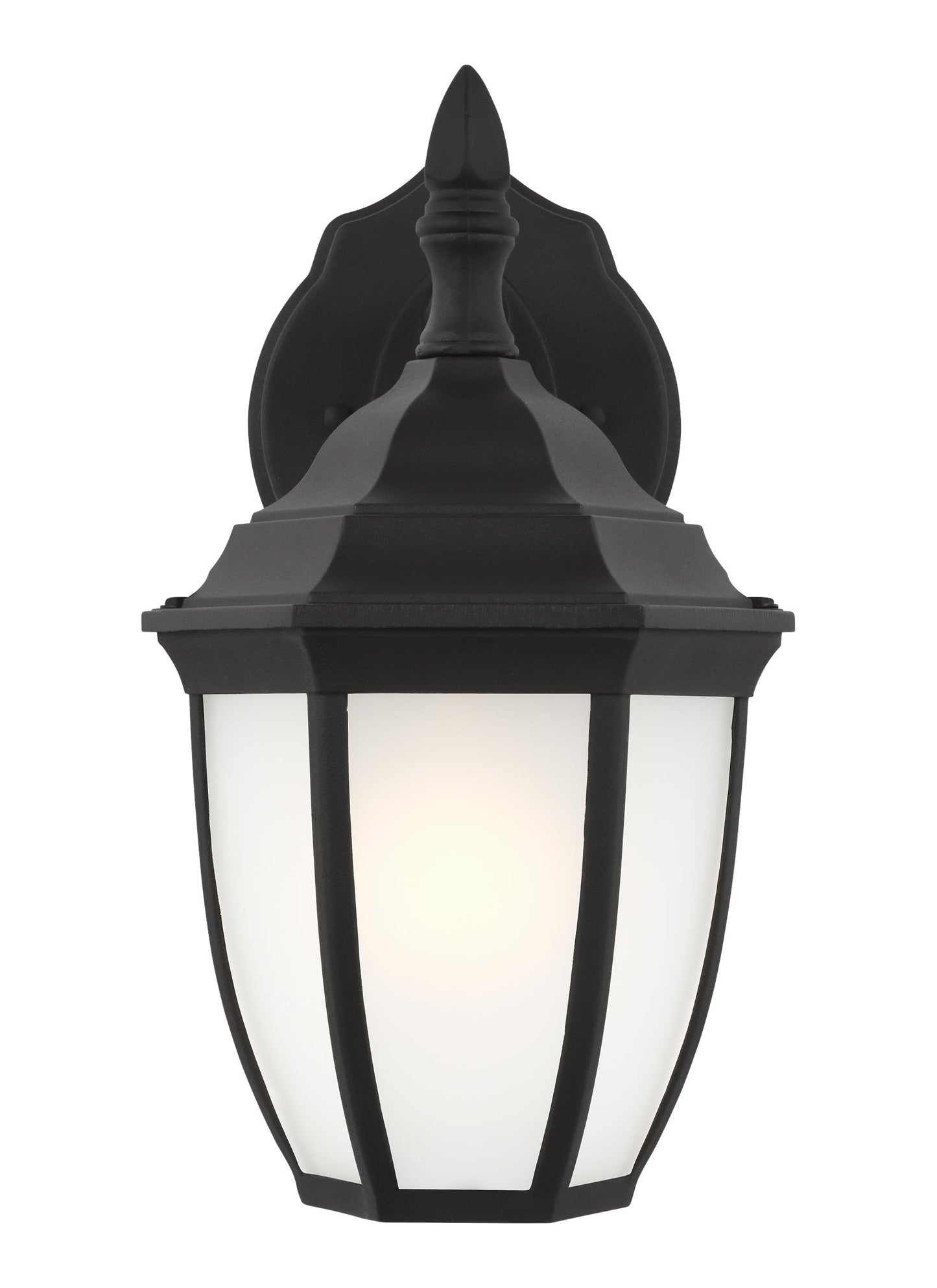Bakersville traditional 1-light outdoor exterior round small wall lantern sconce in black finish with satin etched glass p...