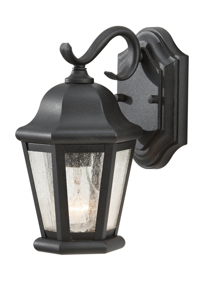Martinsville traditional 1-light outdoor exterior small wall lantern sconce in black finish with clear seeded glass shades
