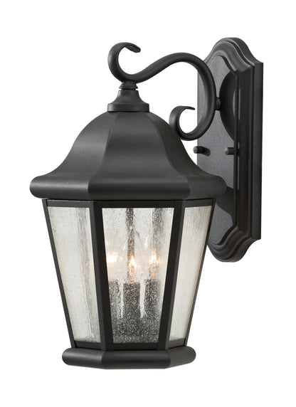 Martinsville traditional 3-light outdoor exterior large wall lantern sconce in black finish with clear seeded glass shades