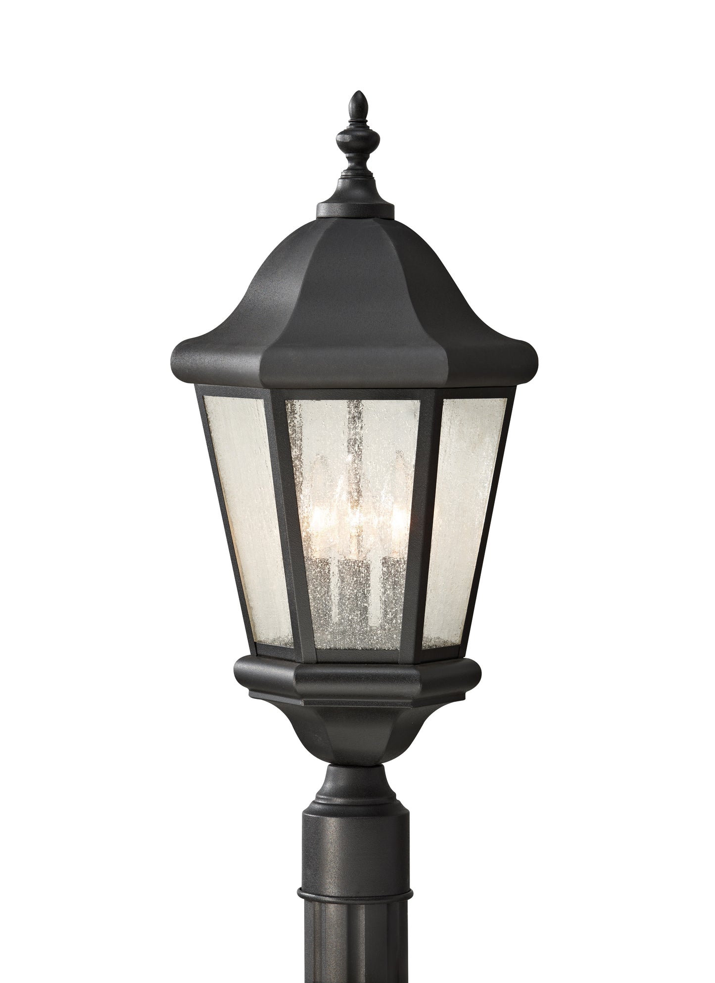 Martinsville traditional 3-light outdoor exterior post lantern in black finish with clear seeded glass shades