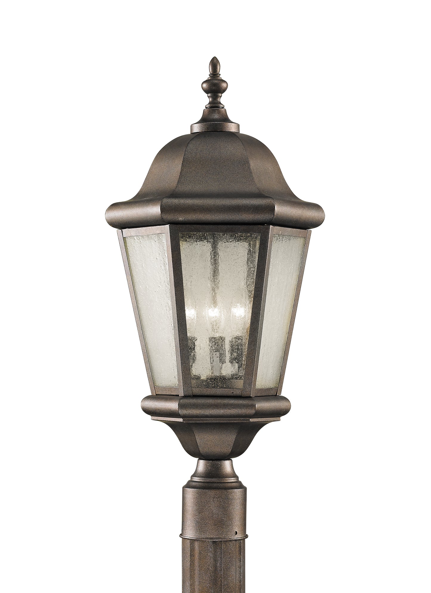 Martinsville traditional 3-light outdoor exterior post lantern in corinthian bronze finish with clear seeded glass shades